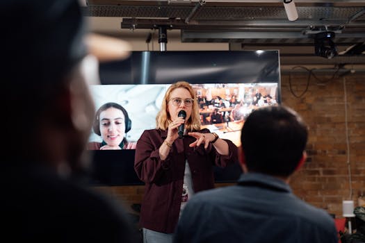 A woman presents using a microphone in a London event space.