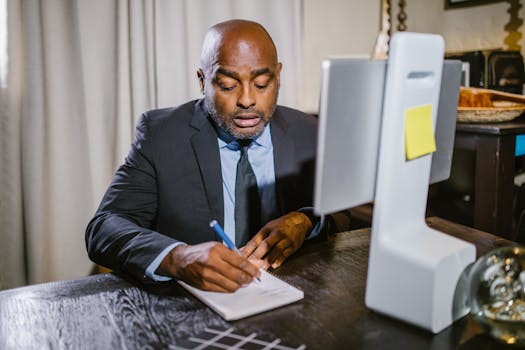 An adult man in formal wear writing notes at his home office desk with a computer.