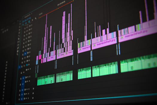 Close-up of a professional audio and video editing software interface with waveform displays.