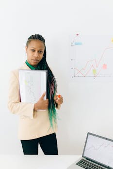 Confident analyst presenting financial data and growth charts in a modern office setting.