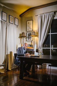 Man in a suit working at a desk in a home office setting at night.