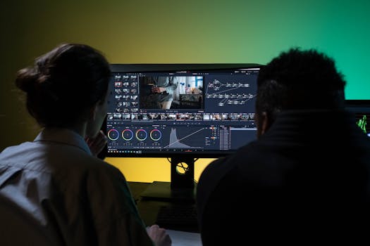 Team of two professionals video editing in a modern setup with dual monitors.